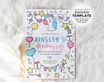 Ainsley Unicorn Party Birthday Party Invitation | EDITABLE TEMPLATE