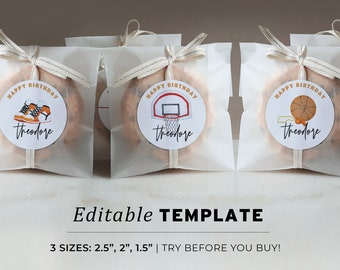 Minimalist Basketball Themed Round Sticker, Birthday Party Favor Sticker Printable | EDITABLE TEMPLATE #067