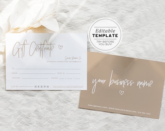 Gift Certificate Template, Business Gift Voucher, Gift Card, Digital Download, Printable Editable Template #052 #043 Nue Minimalist