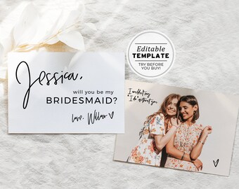 Juliette Bridesmaid Proposal Card with Photo Template | EDITABLE TEMPLATE, Printable #004