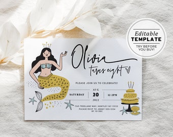 Mermaid Queen Party Birthday Party Invitation | EDITABLE TEMPLATE