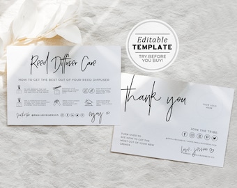 Juliette Minimalist Reed Diffuser Care Card, Editable AfterCare Card, Reed Aftercare and Instructions | EDITABLE TEMPLATE #050 #043