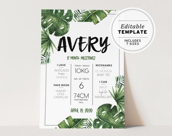 Leilani Leafy Tropical Watercolor First Birthday Milestone Poster | PRINTABLE EDITABLE TEMPLATE #003