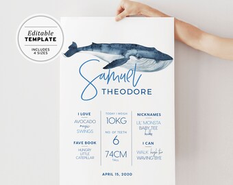 Whale Watercolor Birthday Milestone Poster | PRINTABLE EDITABLE TEMPLATE