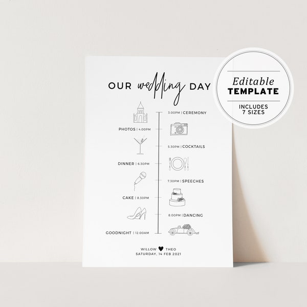 Kiki Minimalist 'Our Wedding Day' Itinerary Timeline Sign, Printable Editable Template #004