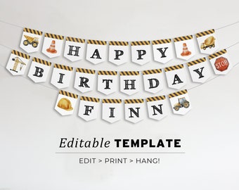 Construction Birthday Party Banner, Builder Birthday Party Bunting, Digger Birthday Party, Printable Editable Template #109 Benson