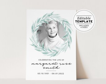 Margo Watercolour Greenery Funeral Welcome Sign Template, Minimalist Celebration of Life Poster, In loving Memory, Printable Memorial Board