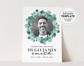 Hugo Watercolor Wreath Funeral Welcome Sign Template, Minimalist Celebration of Life Poster, In loving Memory, Printable Memorial Board