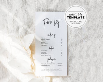 Price List Template, Minimalist Business Price List, Salon Price List, Modern Small Business Printable, Editable Pricing List #050 #043