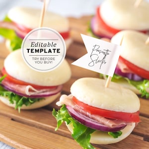 May include: Close-up of four mini prosciutto sliders on a wooden cutting board. The sliders are made with soft white buns, prosciutto, tomato, red onion, and lettuce. The image includes a text overlay that reads "Editable Template, Try Before You Buy!" and "Prosciutto Slider".