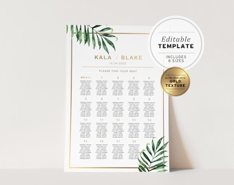 Kala Wedding Seating Plan Tropical Leaf & Gold | EDITABLE TEMPLATE Printable #006