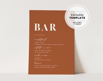 Burnt Orange Minimalist Wedding Drink Menu, Bar Menu, Bar Sign, Drinks Sign, Printable Editable Template #018