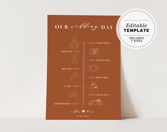 Burnt Orange Minimalist Wedding Itinerary Timeline Sign | EDITABLE TEMPLATE, Printable #018