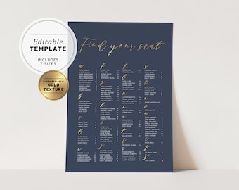 Navy & Gold Classic Wedding Seating Chart, Alphabetical | EDITABLE TEMPLATE, Printable #012