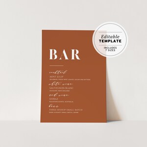 Burnt Orange Minimalist Wedding Drink Menu, Bar Menu, Bar Sign, Drinks Sign, Printable Editable Template #018
