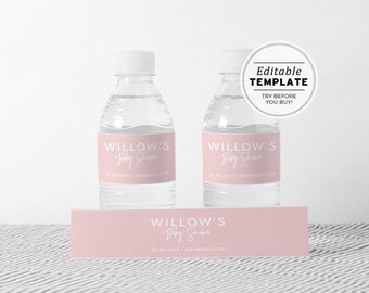 Blush Minimalist Baby Shower Water Bottle Label, Printable Editable Template #035