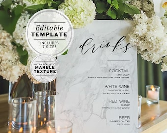 Marble Look Wedding Drink Menu, Bar Menu Printable Editable Template #009