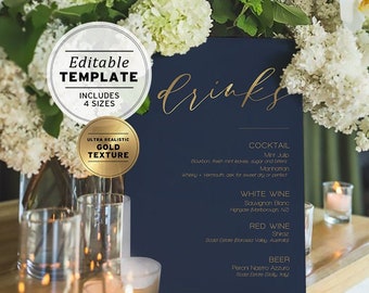 Navy & Gold Wedding Drink Menu, Bar Menu, Bar Sign, Drinks Menu, Printable Editable Template #012