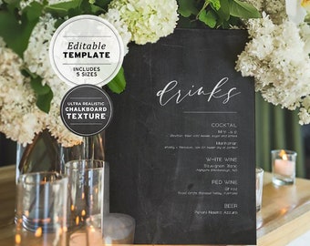 Classic Modern Chalkboard Look Wedding Drinks Menu, Bar Menu Printable Editable Template #034