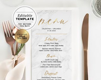 Classic Modern Marble & Gold Wedding Dinner Menu | EDITABLE TEMPLATE Printable #010