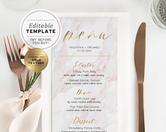 Classic Modern Pink Marble Look Wedding Dinner Menu, Editable Template, Printable #011