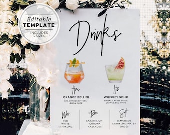 Watercolor Wedding Bar Menu Sign - 120+ Cocktails, His and Hers Drinks Sign Template | EDITABLE TEMPLATE #004 Juliette