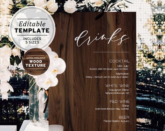 Wood Look Wedding Drinks Menu, Bar Menu Printable Editable Template #032