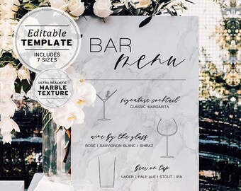 Marble Look His & Hers Wedding Drink Menu, Bar Menu Printable Editable Template #009