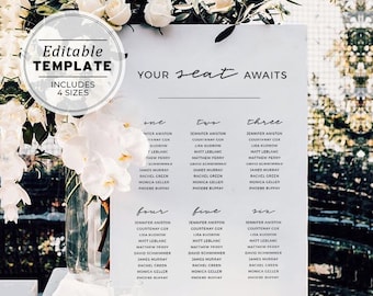 Ellery Minimalist Seating Chart Template, Seating Sign, Wedding Seating Plan, Wedding Decor, Editable Printable #041