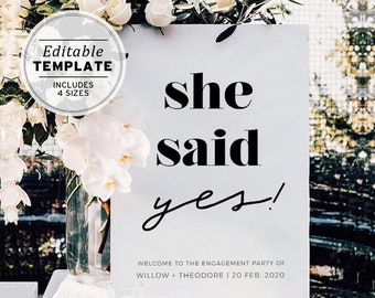 She said yes! Engagement Party Welcome Sign, Engagement Celebration, Editable Welcome Sign, Edit & Print, Printable #008