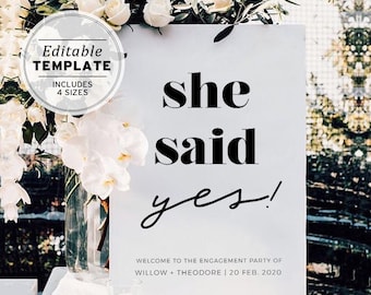 She said yes! Engagement Party Welcome Sign, Engagement Celebration, Editable Welcome Sign, Edit & Print, Printable #008