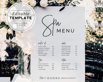 Juliette Minimalist Spa Menu Sign, Beauty Price List, Small Business Printable | EDITABLE TEMPLATE #050 #043