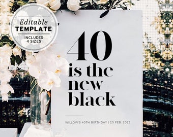FORTY is the NEW BLACK Minimalist 40th Birthday Party Welcome Sign | Editable Template, Printable #001