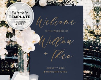 Classic Navy & Gold Wedding Welcome Sign Template Printable #012