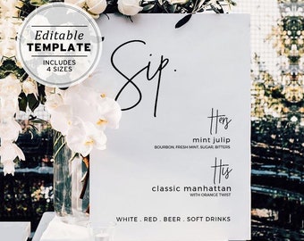 Juliette Sip Minimalist Wedding Drinks Menu, Bar Menu, Drinks Sign, Bar Sign, Printable Editable Template #004