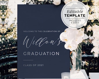 Classic Navy & Silver Minimalist Graduation Party Welcome Sign | EDITABLE TEMPLATE