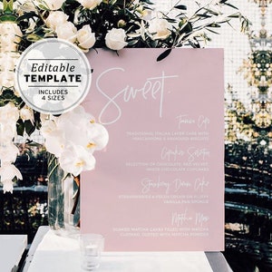 Może przedstawiać: R&oacute;żowe menu deser&oacute;w ślubnych z białym tekstem kaligraficznym. Menu zawiera następujące opcje deser&oacute;w: "Tamar Cupr", "Wyb&oacute;r muffinek", "Tort marzeń truskawkowych" i "Mus matcha".