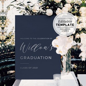 Graduation Party Welcome Sign, Class of 2024, Minimalist Grad Party Sign, Graduation Party Decor, Printable Editable Template, Navy & Silver