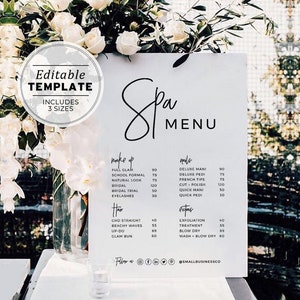 Juliette Minimalist Spa Menu Sign, Beauty Price List, Small Business Printable | EDITABLE TEMPLATE #050 #043