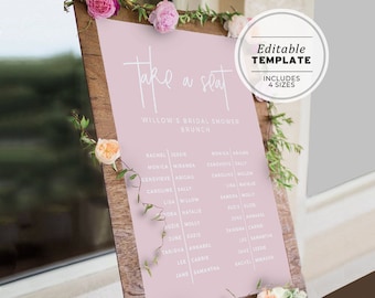 Blush Minimalist Bridal Shower Brunch Seating Chart Sign, Editable Template, Printable, Digital Download #035