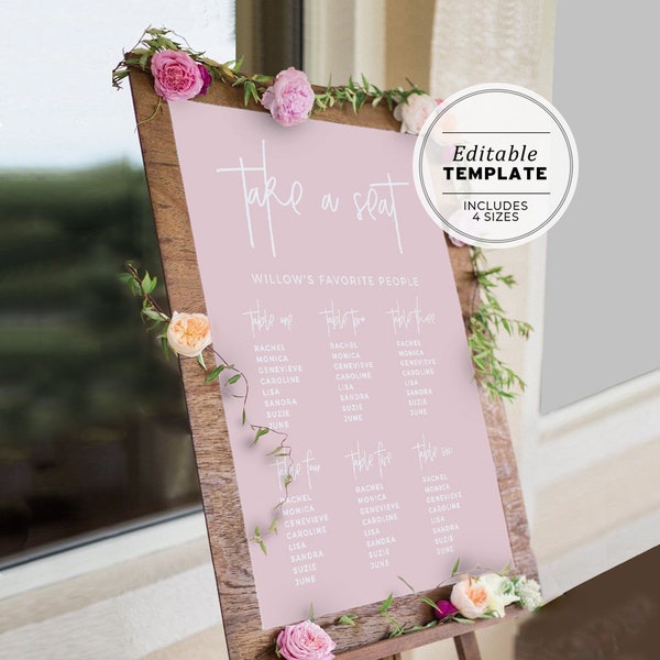 Blush Minimalist Baby Shower Seating Chart Sign, Editable Template, Printable, Digital Download #035