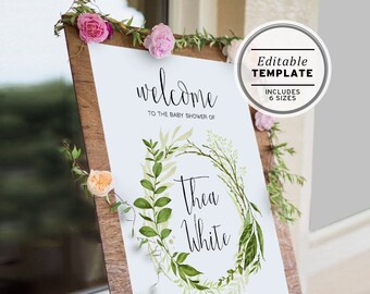 Leafy Wreath Baby Shower Welcome Sign, Editable Template, Printable