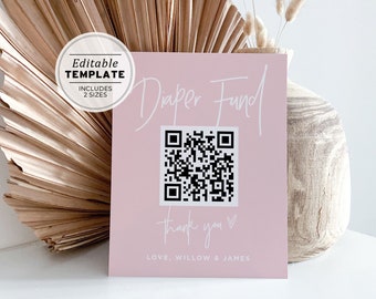 Blush Minimalist Baby Shower Diaper Fund QR Code, Wishing Well Sign Printable Sign | EDITABLE TEMPLATE #035