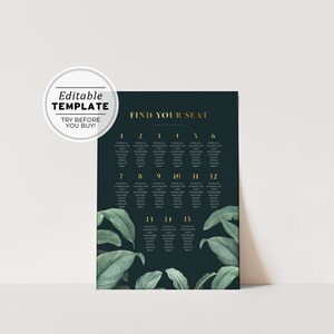 Mikala Watercolor Tropical Leaf & Gold Wedding Seating Chart | EDITABLE TEMPLATE, Printable #065