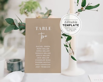 Minimalist Editable Seating Card Sign Template, Table Number Sign with Guest Names #038 NUE