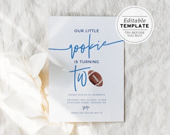 Minimalist Football Rookie Theme 2nd Birthday Party Invite Template | EDITABLE TEMPLATE #056