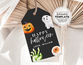 Watercolor Halloween Favor Tag, Custom Treat Gift Tag, Trick or Treat Favor Tag Template | PRINTABLE EDITABLE TEMPLATE #080