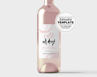 Rosé all day 30th Birthday Party Wine Label Template | Editable Template, Printable #071