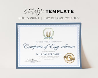 Printable Easter Bunny Certificate, Easter Bunny Certificate of Egg-cellence, From the desk of the Easter Bunny | EDITABLE TEMPLATE #099