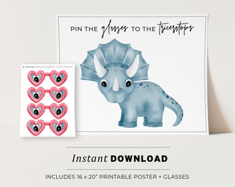 Kids Party Game, Pin the Glasses on the Triceratops Printable Poster, Birthday Party Game, INSTANT DOWNLOAD